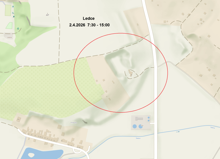 Přerušení dodávky elektrické energie 2.4.2026 od&nbsp;7.30 - 15.00 hod. Vypnutá oblast: Ledce č.p.58, k/336, e/31, 2e/45 a&nbsp;e/55